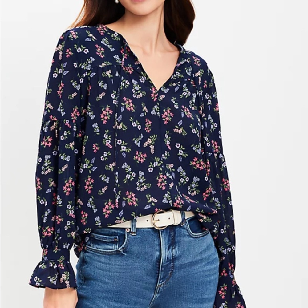 NWOT - Floral Blue Ruffle Cuff Tie Neck Sheer Blouse - Small